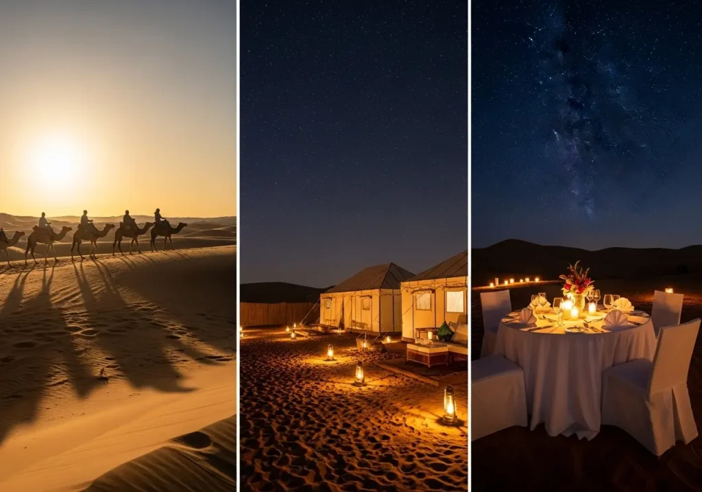 Enjoying a Desert Safari Without Dune Bashing, focusing on a peaceful desert safari with camel riding and luxury desert retreat experiences.
