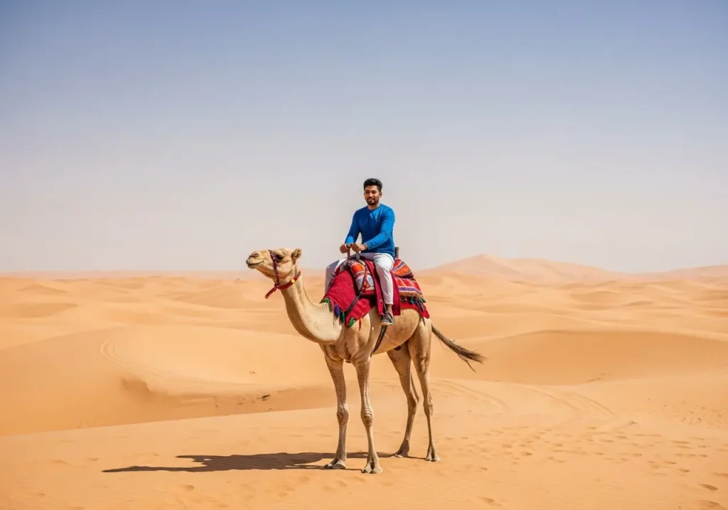 A close-up of a camel's eye reflecting a beautiful Camel Ride Dubai Desert scene at sunset.