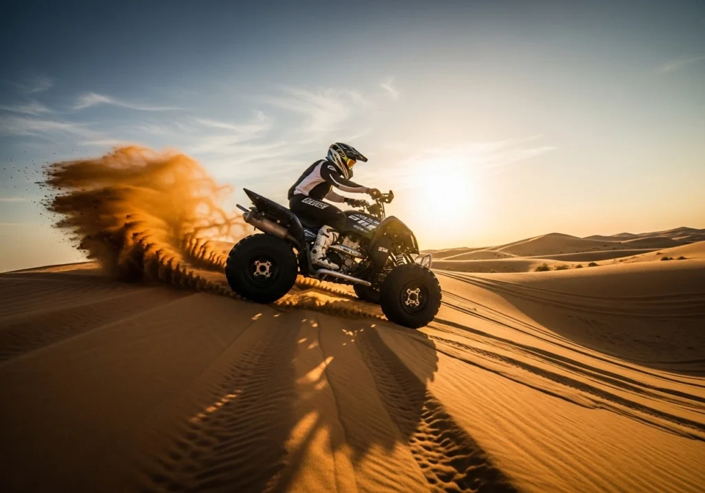 An exhilarating Desert 4 Wheel Bike Dubai ride across the golden dunes, highlighting a thrilling ATV desert ride.