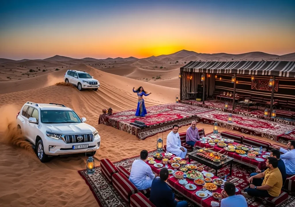A vibrant collage showcasing the activities included in a great value Desert Safari Dubai Discount package.