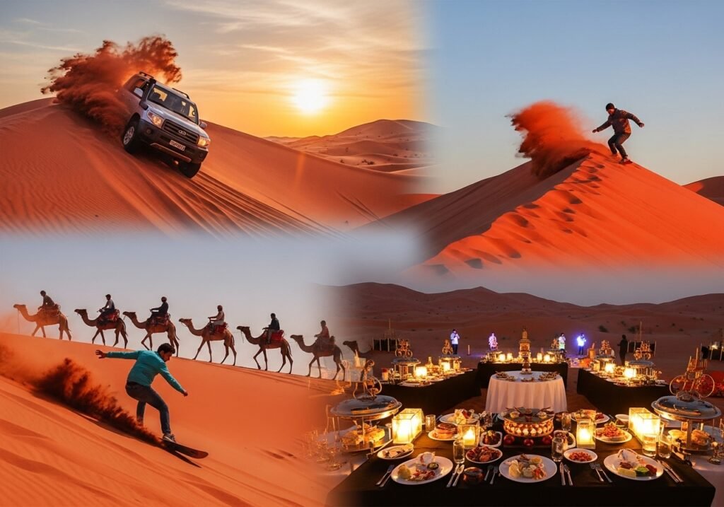 Experiencing a thrilling Dubai Red Sand Safari with red dune bashing, camel ride Dubai, sandboarding adventure, and a BBQ buffet dinner desert.