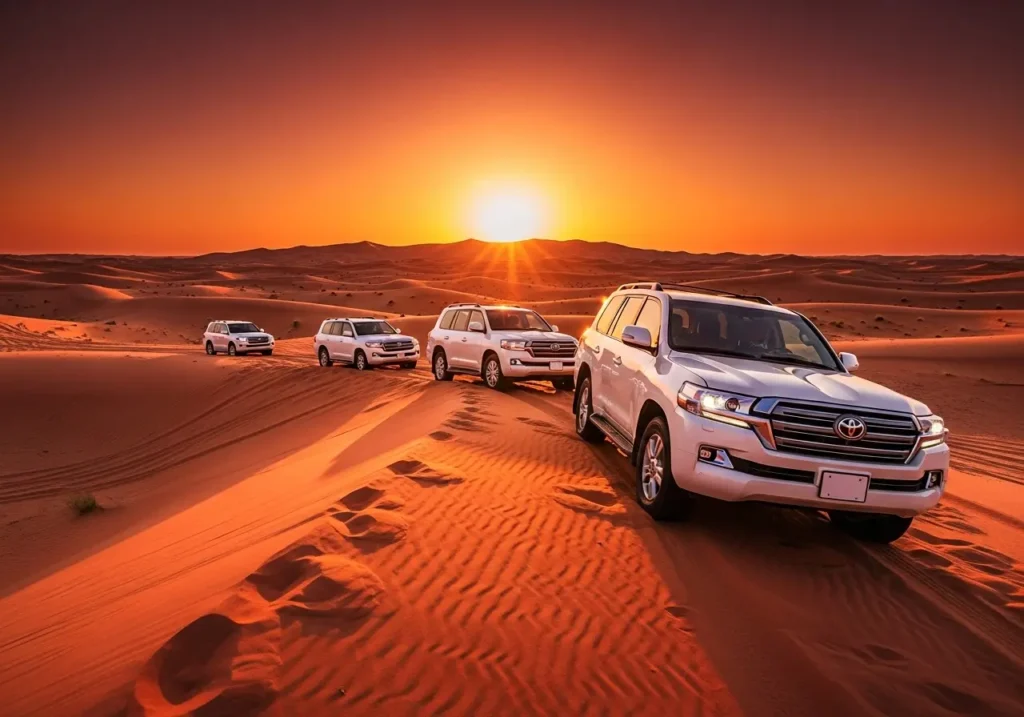Захватывающее сафари в Дубае самая низкая цена на закате с колонной внедорожников на красных дюнах.