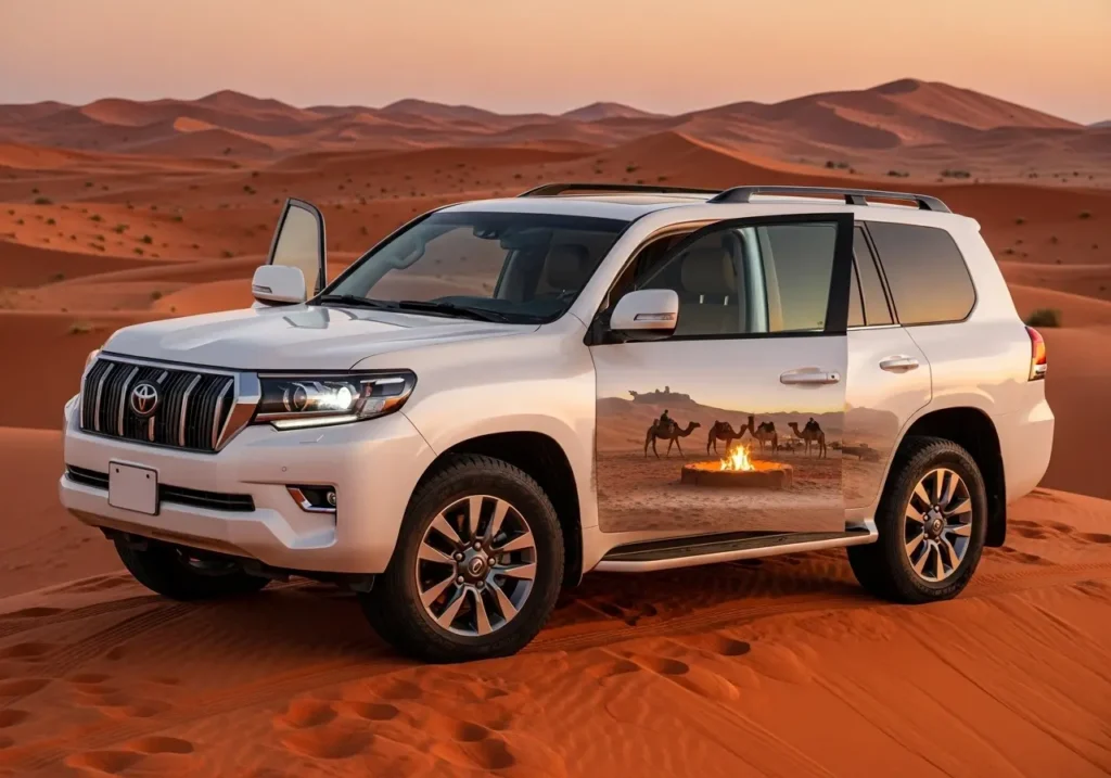 A luxury 4x4 vehicle at sunset, its window reflecting the desert camp, symbolizing the complete 4x4 Pickup Desert Safari experience.