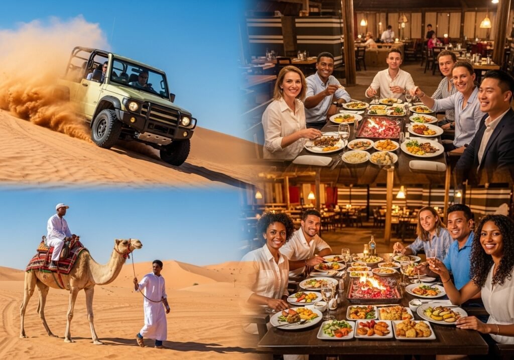 Debunking Dubai Desert Safari Myths with images of safe dune bashing, authentic camp experiences, and friendly camel rides.