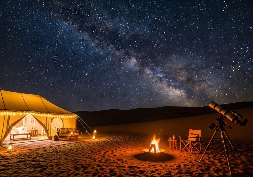 Discover Overnight Desert Safari Facts through stargazing in Dubai desert and luxury desert glamping at night.