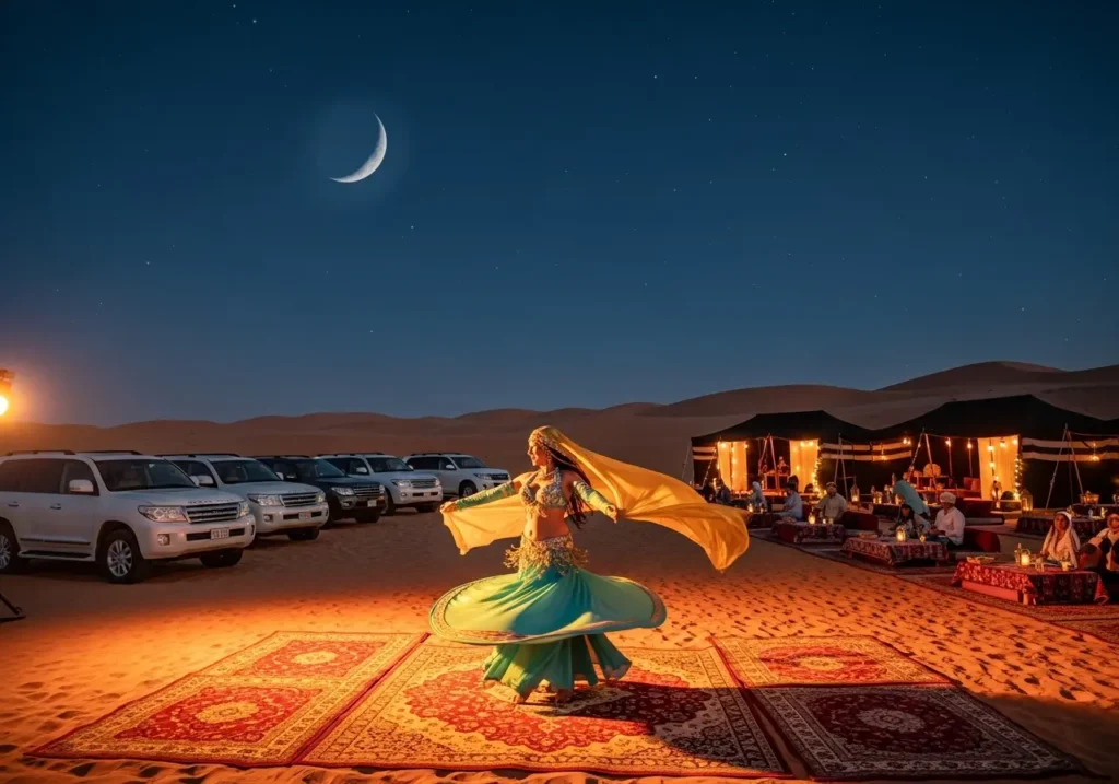 A captivating belly dancer performing during a magical Belly Dance Safari Dubai in a desert camp at night.