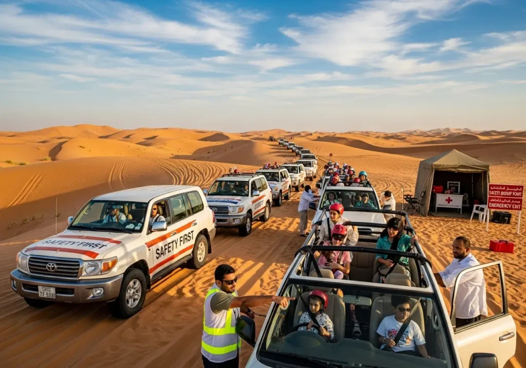 A conceptual image representing the key Desert Safari Dubai Safety Tips, showing a seatbelt and a professional driver.