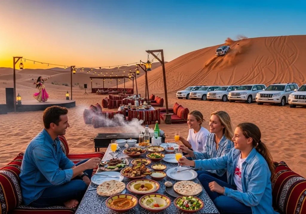 A joyful family enjoying the vibrant atmosphere of a Desert Safari Dubai for Families.