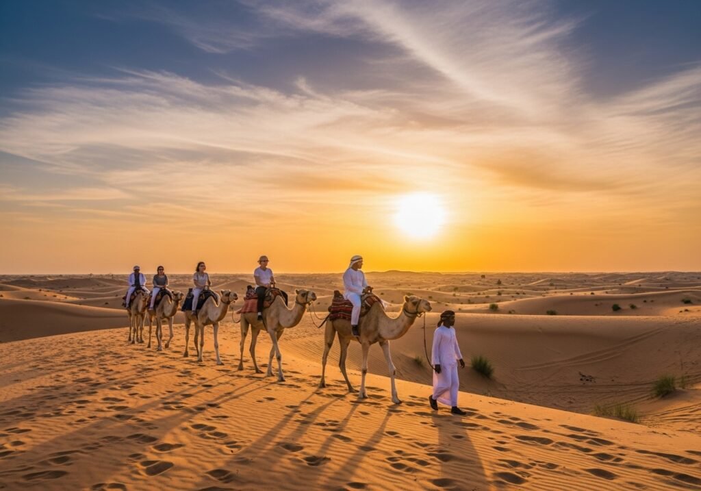 Tourists enjoying a serene Desert Safari Camel Ride Dubai across the golden dunes at sunset, part of an authentic desert experience.