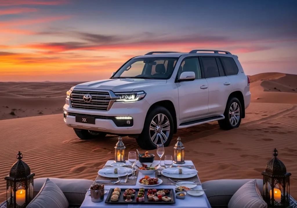 An exclusive and romantic Private Desert Safari Dubai dinner setup for a couple at sunset.