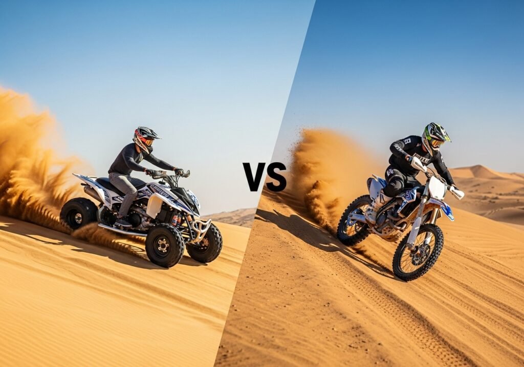 Comparing the exhilarating Quad Bike Vs Dirt Bike Dubai experience for your next desert adventure Dubai.