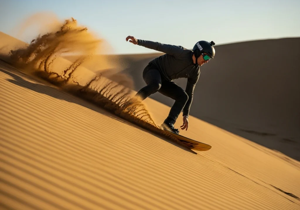 An exhilarating Dubai Sand Surfing experience, with a person gliding down a golden sand dune.
