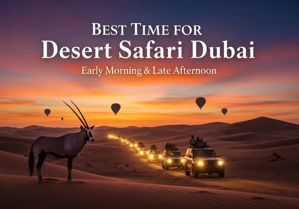 A conceptual clock showing the Best Time for Desert Safari Dubai, with icons for seasons and safari times.