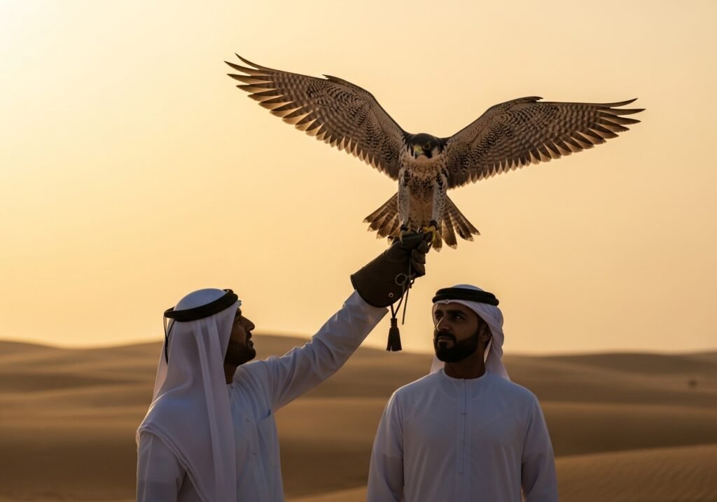Witnessing captivating Dubai Falconry Displays, featuring a majestic Saker Falcon in flight during a desert safari.