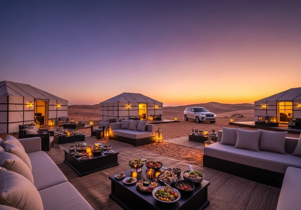 A luxurious private camp setting for a Luxury Desert Safari Dubai, showcasing a premium desert experience that's truly worth the price.