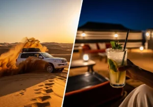 A split image representing a Summer Safari Dubai, with thrilling dune bashing at sunset and cool refreshments at the camp.