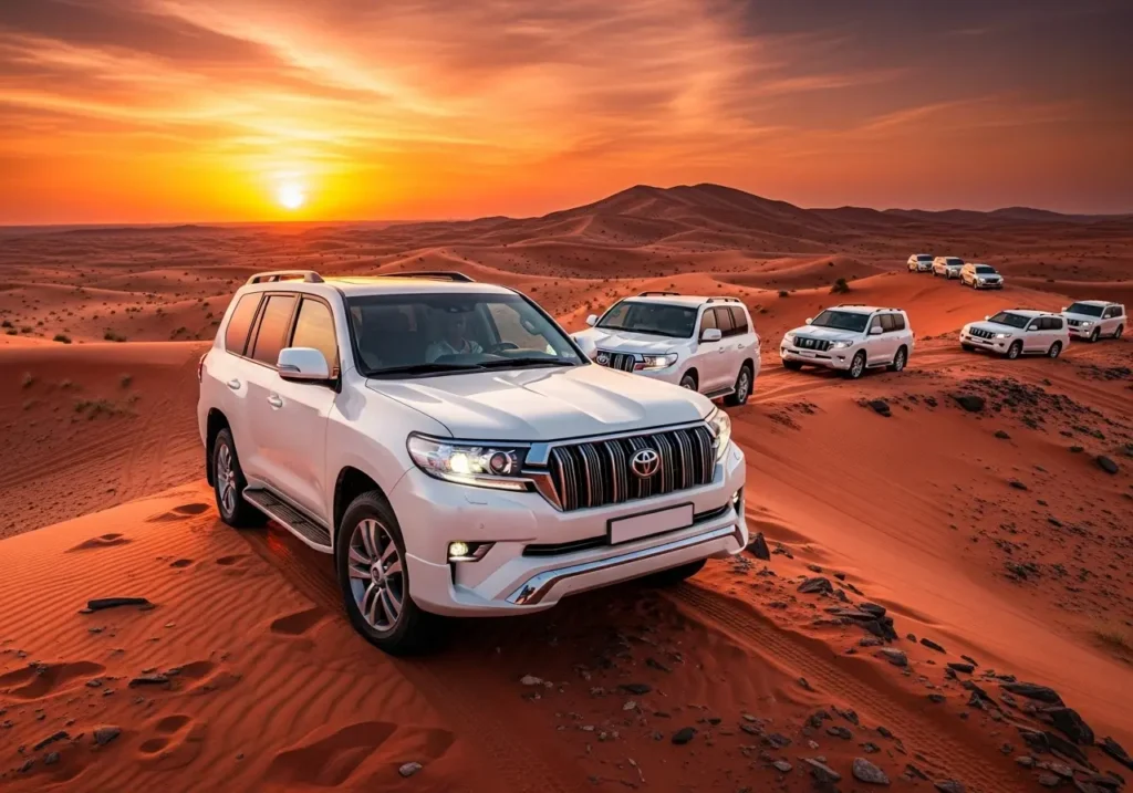 Захватывающее бронирование сафари в Дубае на закате с колонной внедорожников на красных дюнах.