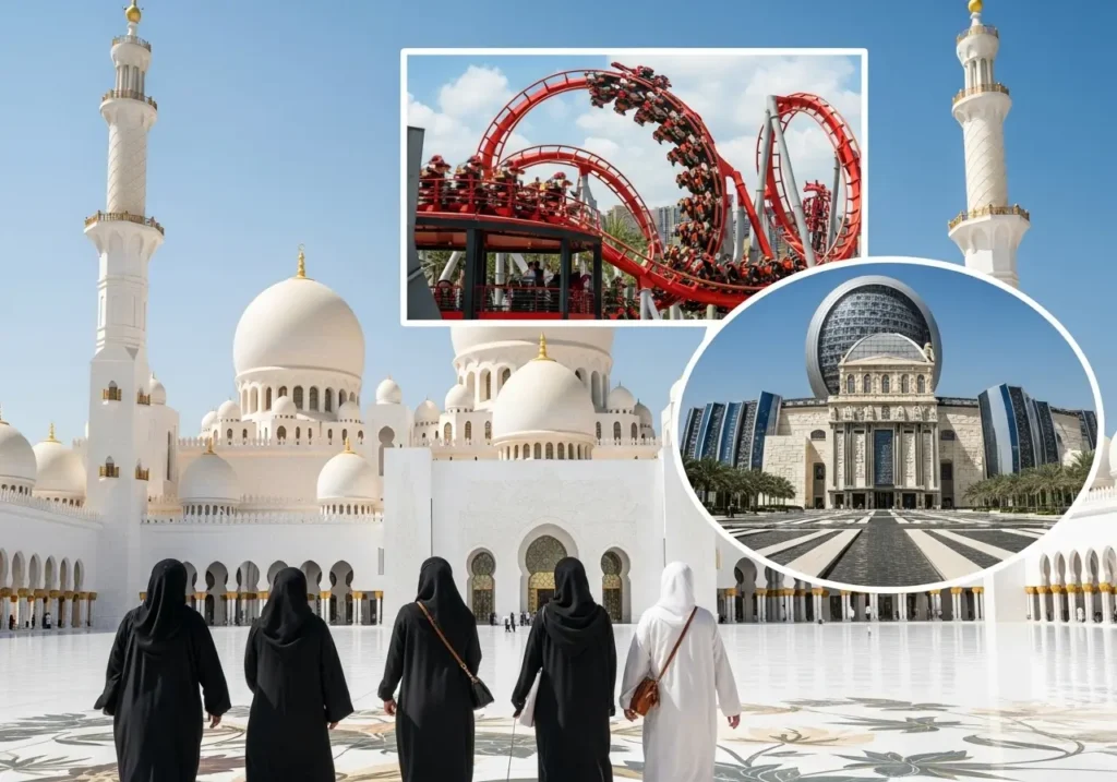 Exploring the best of an Abu Dhabi City Tour Yas Island, featuring the Sheikh Zayed Grand Mosque and Ferrari World Abu Dhabi.