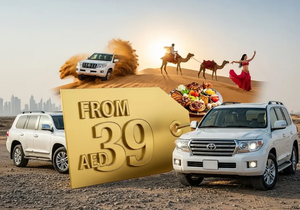 A vibrant collage showcasing the activities included in a great value Desert Safari Deals package from AED 39.
