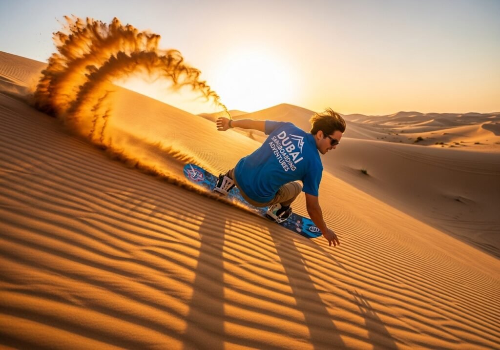 An exhilarating Dubai Sandboarding Adventures experience, with a person gliding down a golden sand dune.