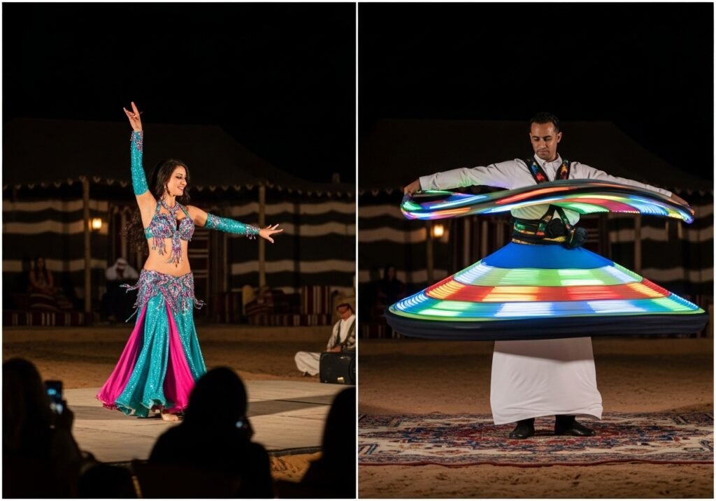 Captivating Dubai Folk Dances featuring a Bellydancer and a Tanoura performer, central to desert safari entertainment.