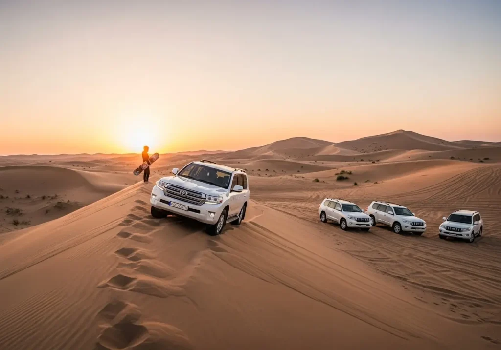 Человек с сэндбордом на вершине дюны во время утреннего сафари в Дубае на рассвете. Утреннее сафари в Дубае