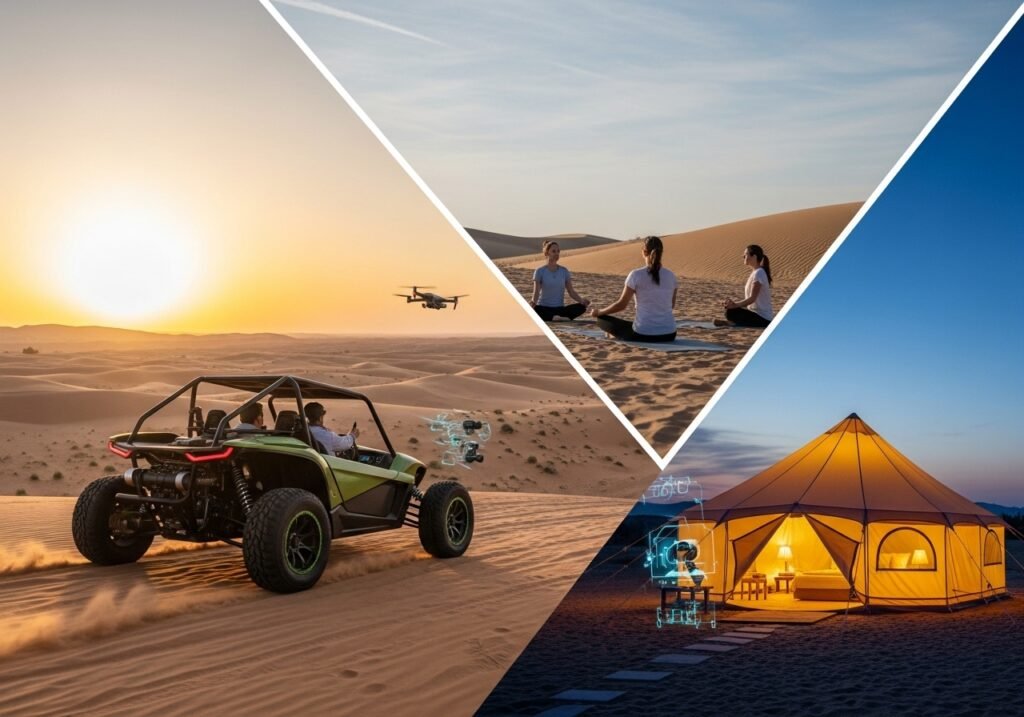 Exploring the Dubai Experiential Desert Safari's future, featuring eco-friendly buggies, wellness activities, and luxury glamping.