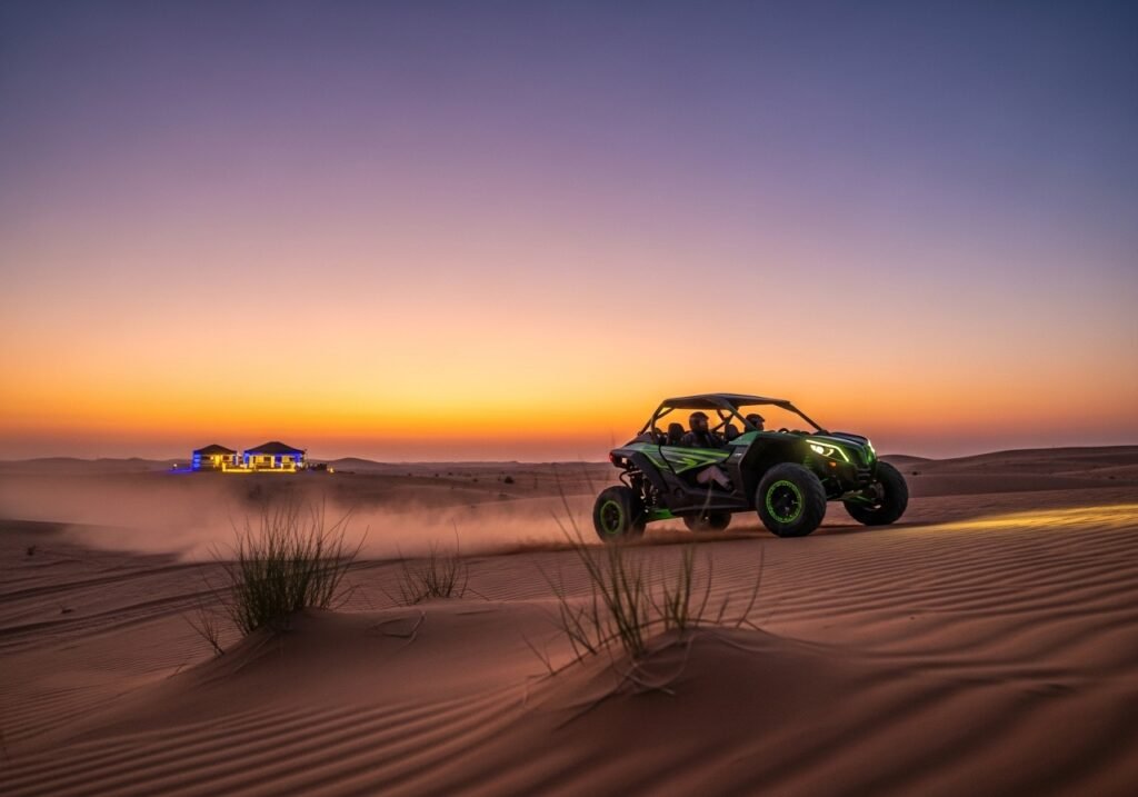 An eco-friendly Dune Buggy Dubai Eco embarking on a thrilling desert safari at sunset, highlighting sustainable adventure.
