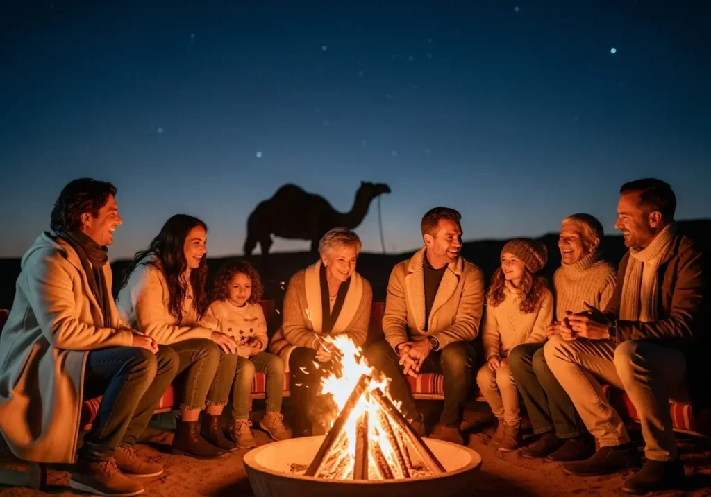 A happy family in cozy winter wear enjoying a bonfire during a magical Winter Safari Dubai.