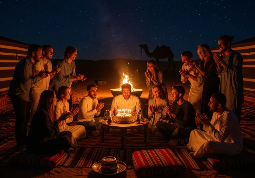 A joyful group celebrating a special Desert Birthday Party with a cake and bonfire under the stars in Dubai.