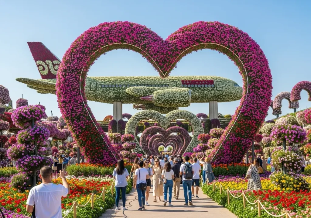Exploring the magical Global Village Dubai, the world's largest flower garden, filled with stunning floral displays Dubai and vibrant colors.
