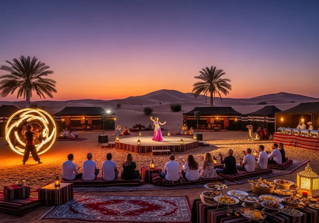 A vibrant collage showcasing the key elements of a Desert Safari Dubai with Live Entertainment, including a belly dancer, dune bashing, and camels.