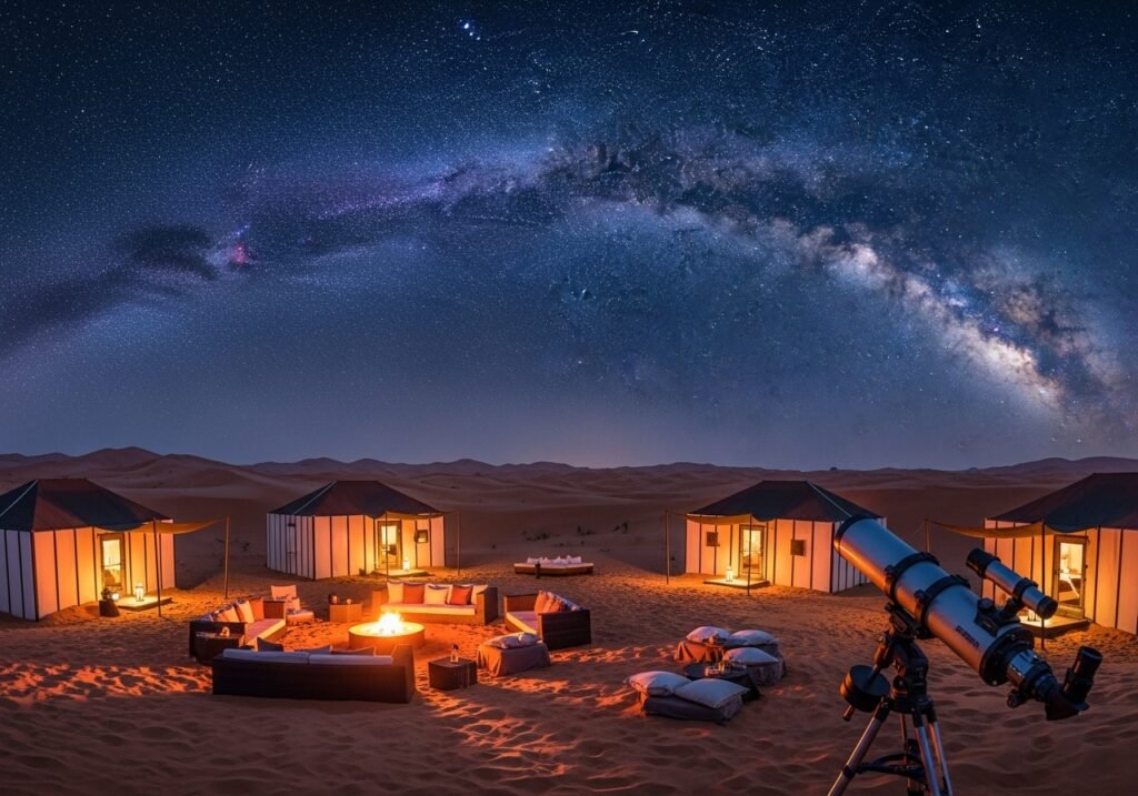 Experiencing the magic of a Private Night Safari Dubai with stargazing and luxury camping in the desert.