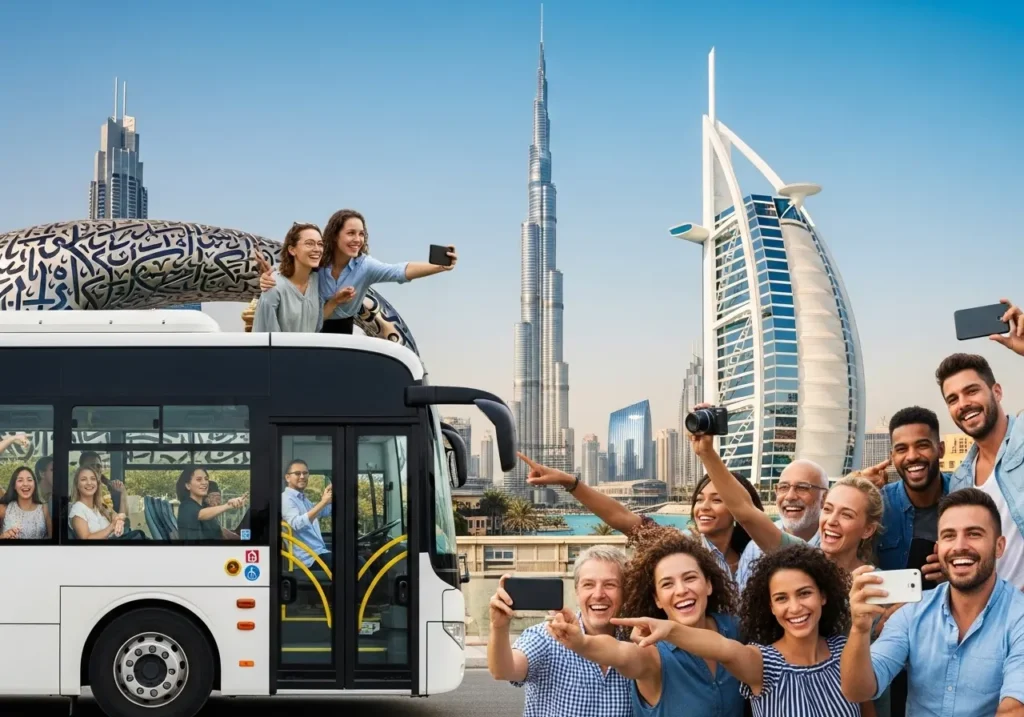 Is the Dubai city tour worth it? A panoramic view of a busy tour group exploring iconic Dubai landmarks.