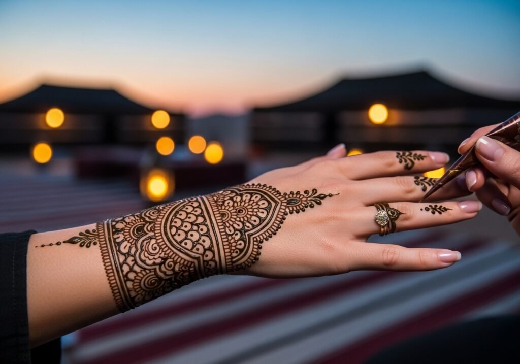 A beautiful Henna Tattoo Dubai Desert Camp design on a lady's hand, part of an authentic desert experience.