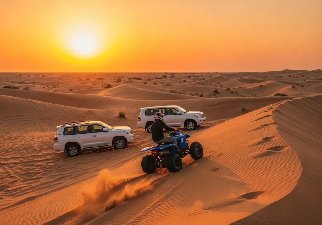 Захватывающее сафари в Дубае квадроцикл на закате с видом на золотые дюны.