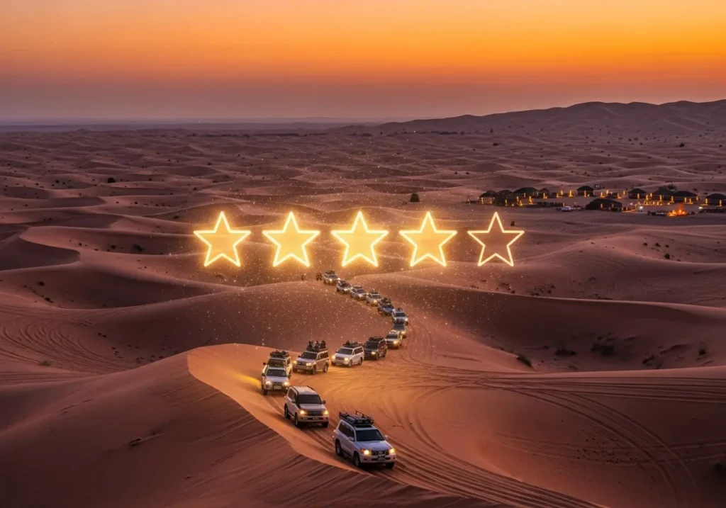 A creative and conceptual image representing the theme "Desert Safari Dubai Reviews". The image should feature a large, glowing, five-star rating icon floating magically above a stunning desert landscape at sunset. In the background, a convoy of 4x4s can be seen on the dunes, and the warm lights of a Bedouin camp are visible in the distance. The overall mood should be positive, trustworthy, and adventurous, visually communicating the idea of a top-rated experience.