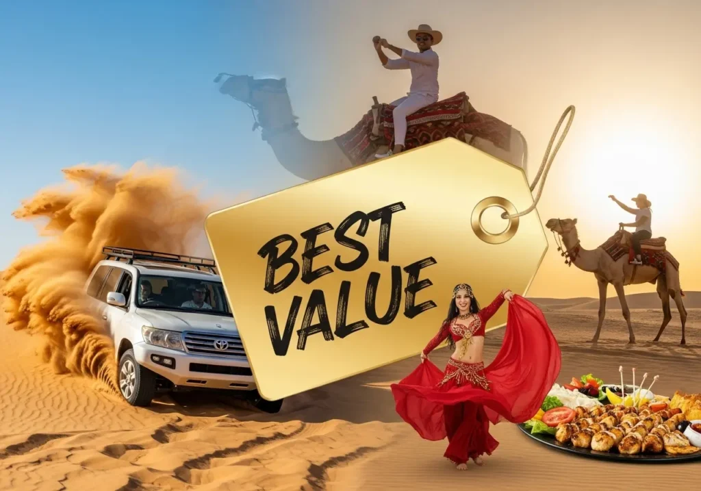 A vibrant collage showcasing the activities included in a great value Desert Safari Deals package.