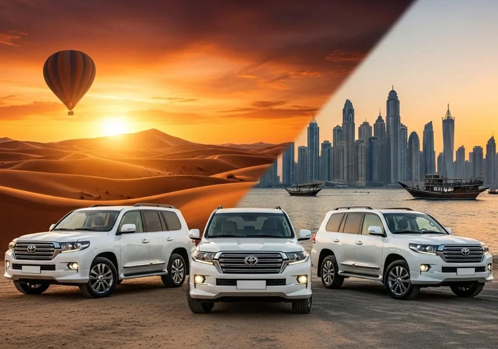 A stunning composite image showing the duality of a Dubai Sunrise Sunset, with a desert sunrise on one side and a city skyline sunset on the other.