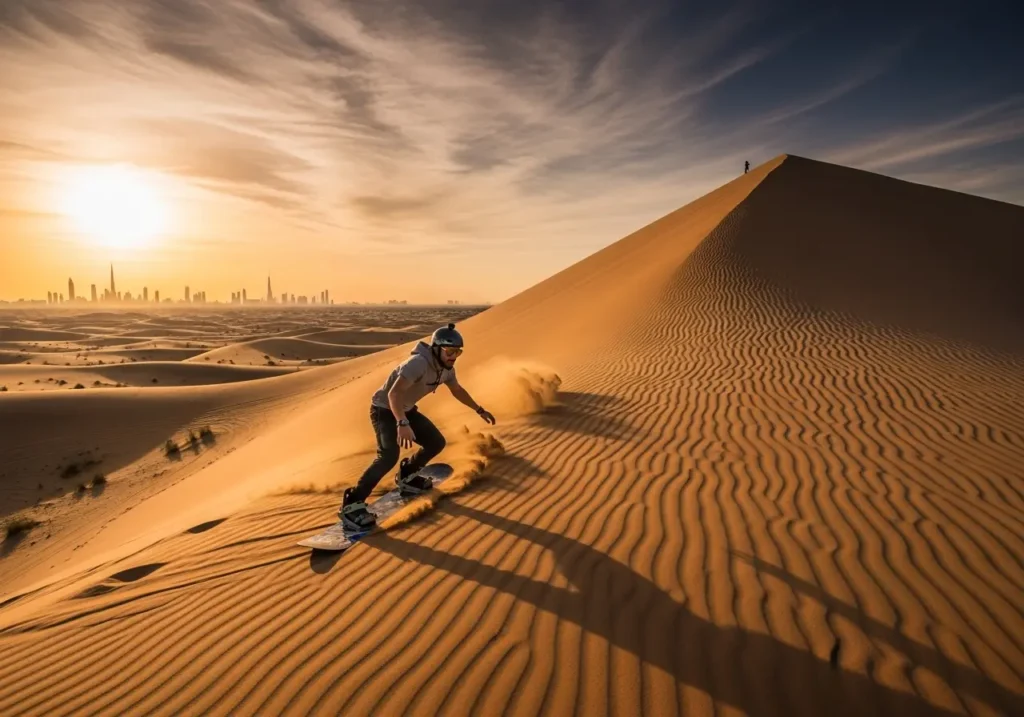 A split-image showing the thrilling action and serene beauty of a Dubai Sandboarding experience at sunset.