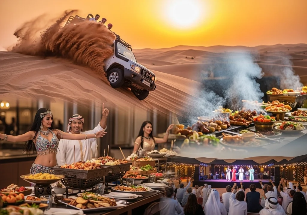 An honest Dubai Desert Safari BBQ Review, featuring thrilling dune bashing, desert camp entertainment, and a lavish BBQ buffet desert safari.