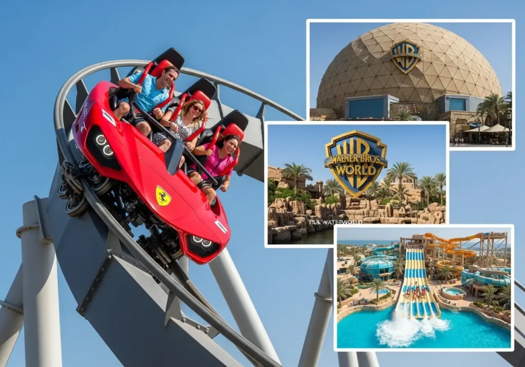 Exploring the best of Yas Island Theme Parks, featuring Ferrari World Abu Dhabi, Warner Bros World Abu Dhabi, and Yas Waterworld.