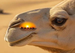 A close-up of a camel's eye reflecting a beautiful Dubai Camel Ride scene at sunset.