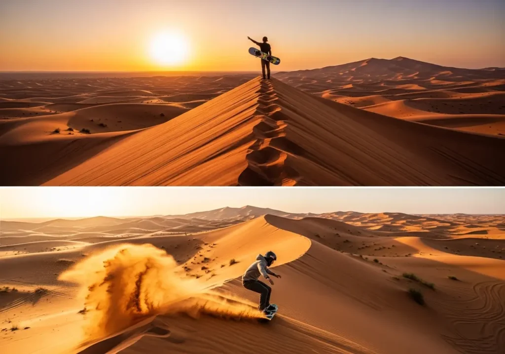 A split-image showing the thrilling action and serene beauty of a Dubai Sandboarding experience at sunset.