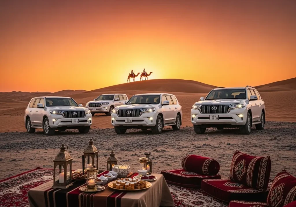 A luxurious Dubai Premium Safari experience with a private camp setup, camels, and a stunning desert sunset.