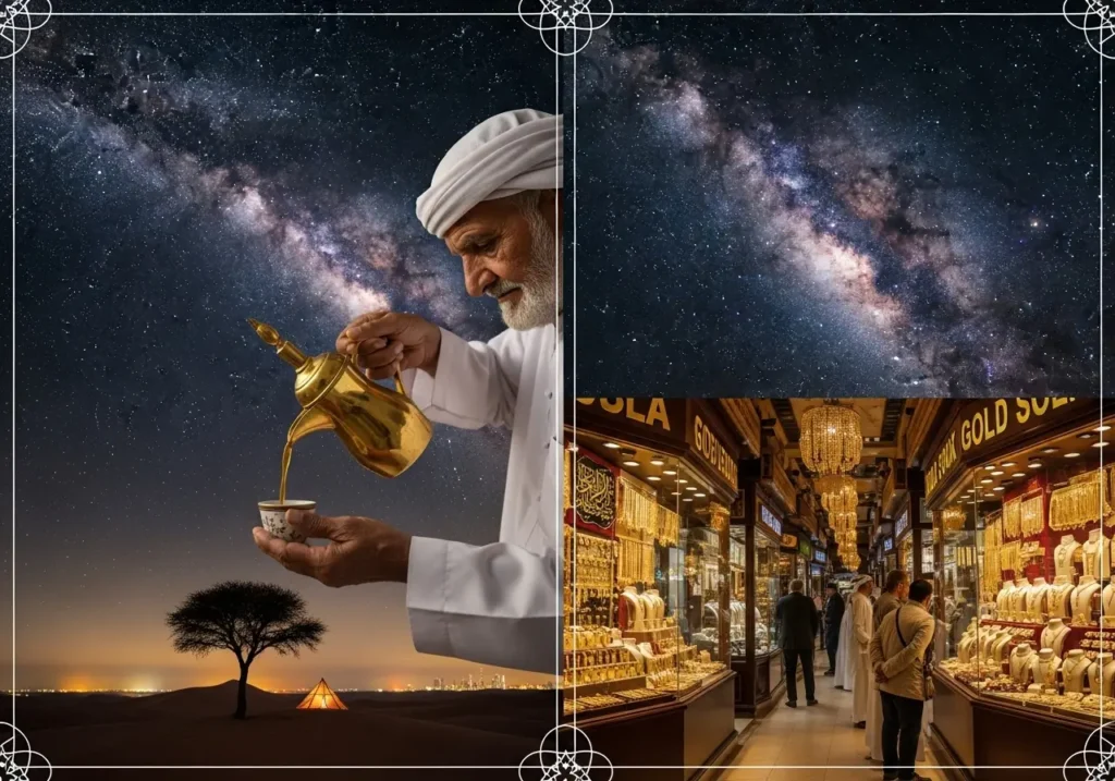 A split-image representing a Dubai Cultural Experience, showing the pouring of Arabic coffee and the glittering Gold Souk.