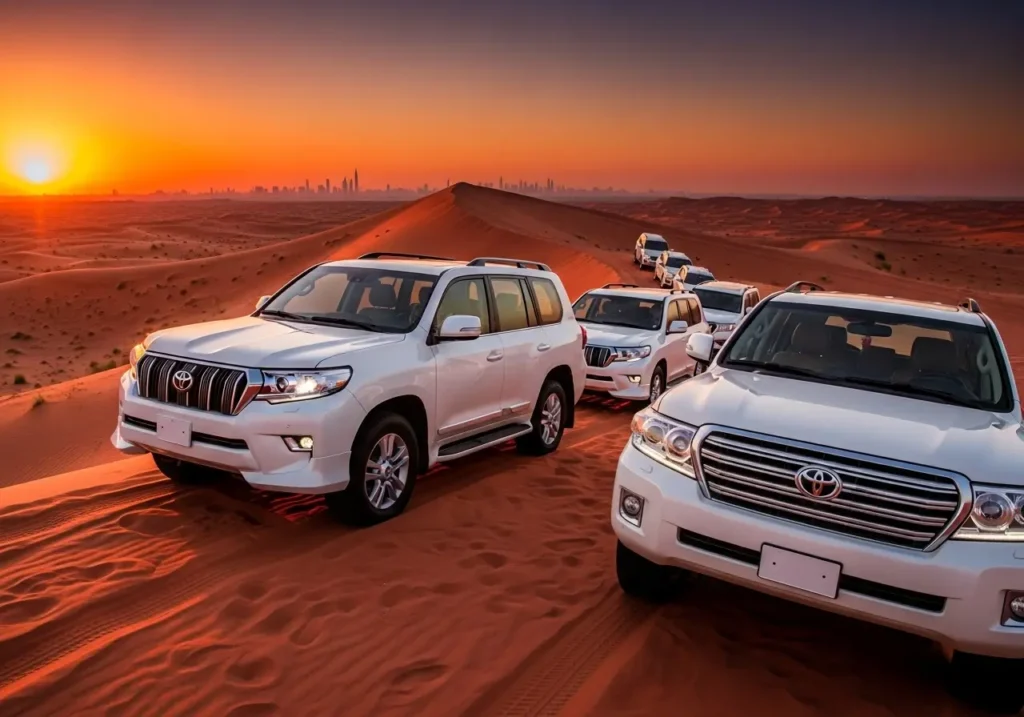 Захватывающие фото сафари в Дубае на закате с колонной внедорожников на красных дюнах.