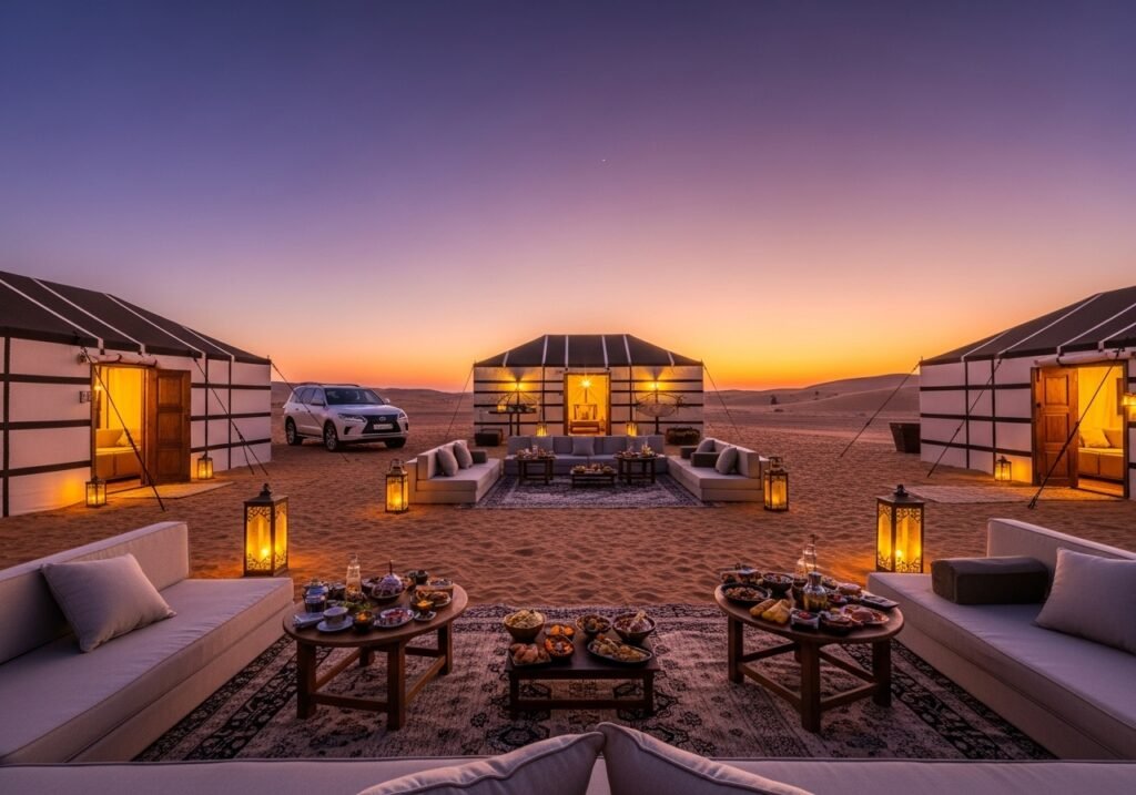 A luxurious private camp setting for a Premium Desert Safari Dubai, showcasing an unforgettable desert luxury experience.