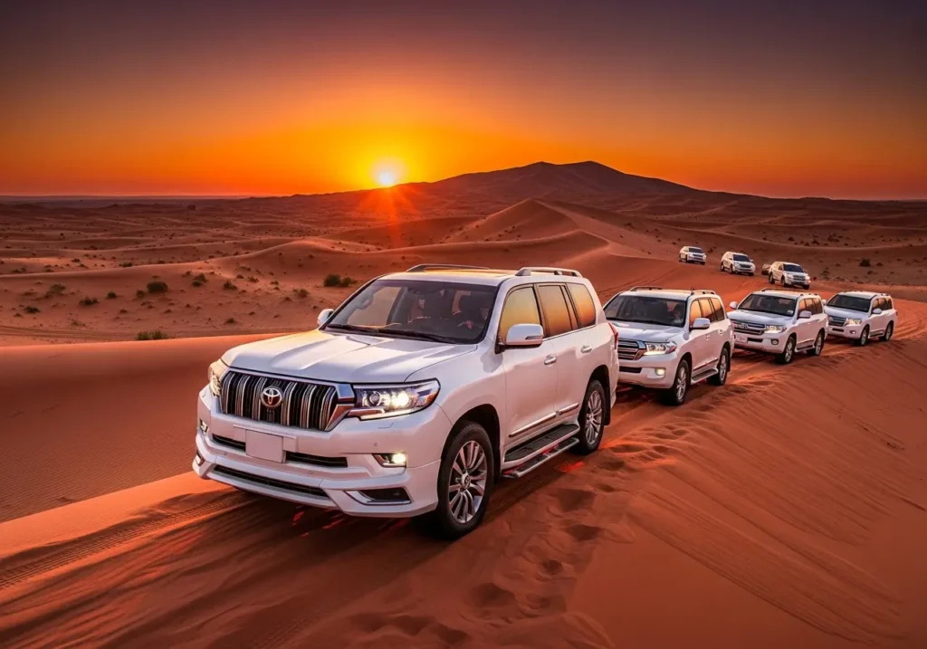 Захватывающее сафари в Дубае для семьи на закате с колонной внедорожников на красных дюнах. цену сафари в Дубае для семьи Цена сафари в Дубае для семьи