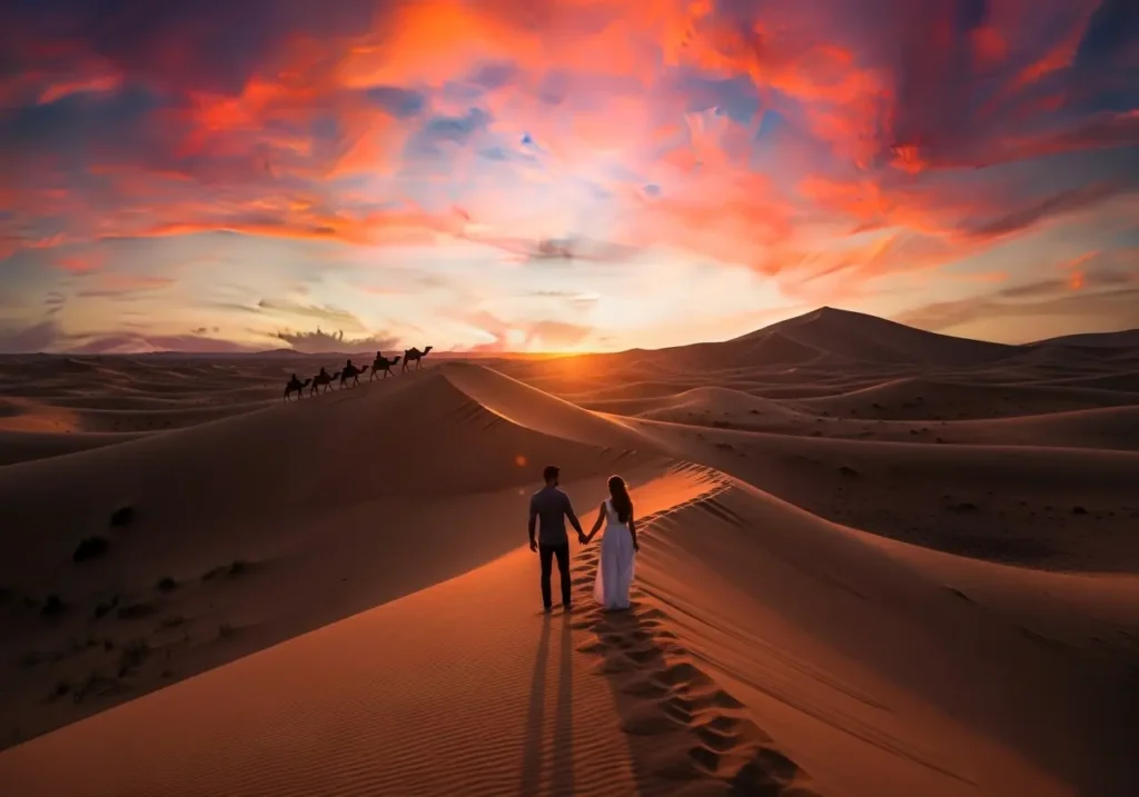 A romantic silhouette of a couple enjoying a beautiful Sunset Desert Safari for couple in Dubai.